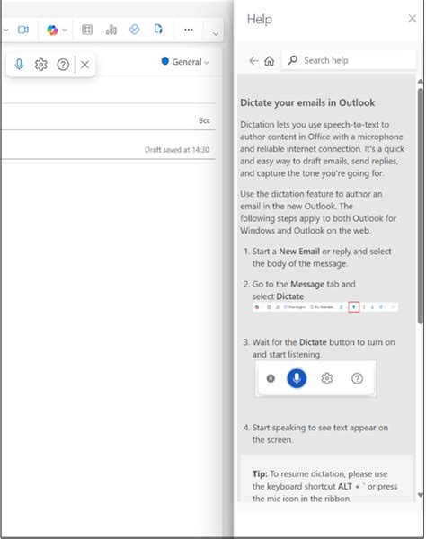 Improved user experience for Dictate in new Outlook for Windows .